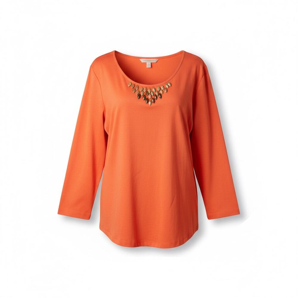 Ruby Rd Womens XL Orange Scoop Neck Top Embellished 3/4 Sleeve Stretch